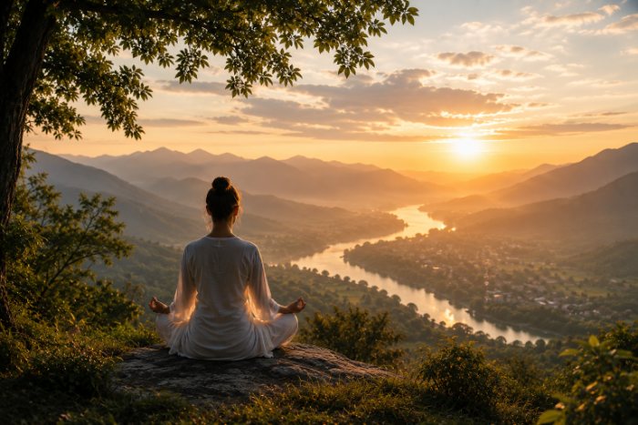 A person sits in stillness on a rock above a wide river valley.