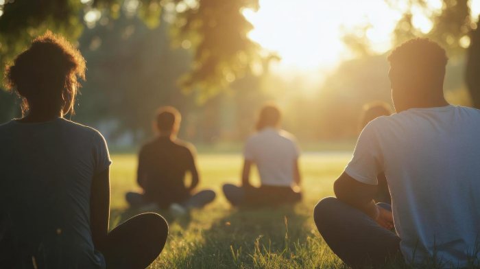 A small group sits on the grass, practising in the evening light.